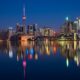 buildings, cn tower, river