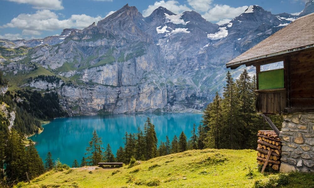 lake, mountains, hut