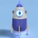 a blue and white robot with a light on its head