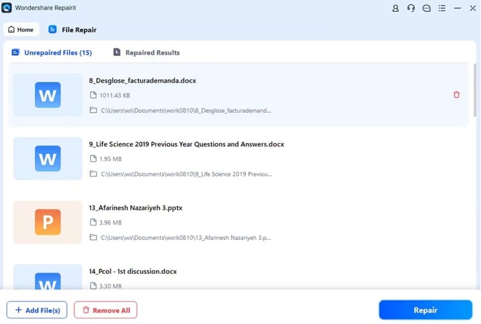 choose documents for repairing