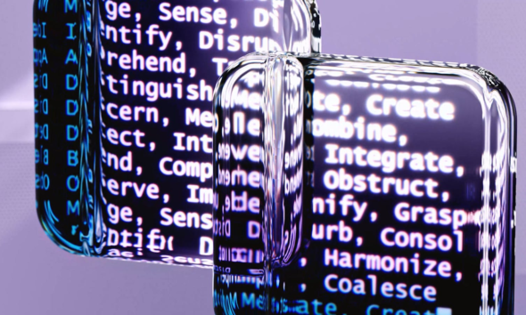 Abstract glass surfaces reflecting digital text create a mysterious tech ambiance.