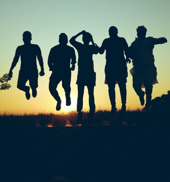 silhouette of people standing on grass field during sunset