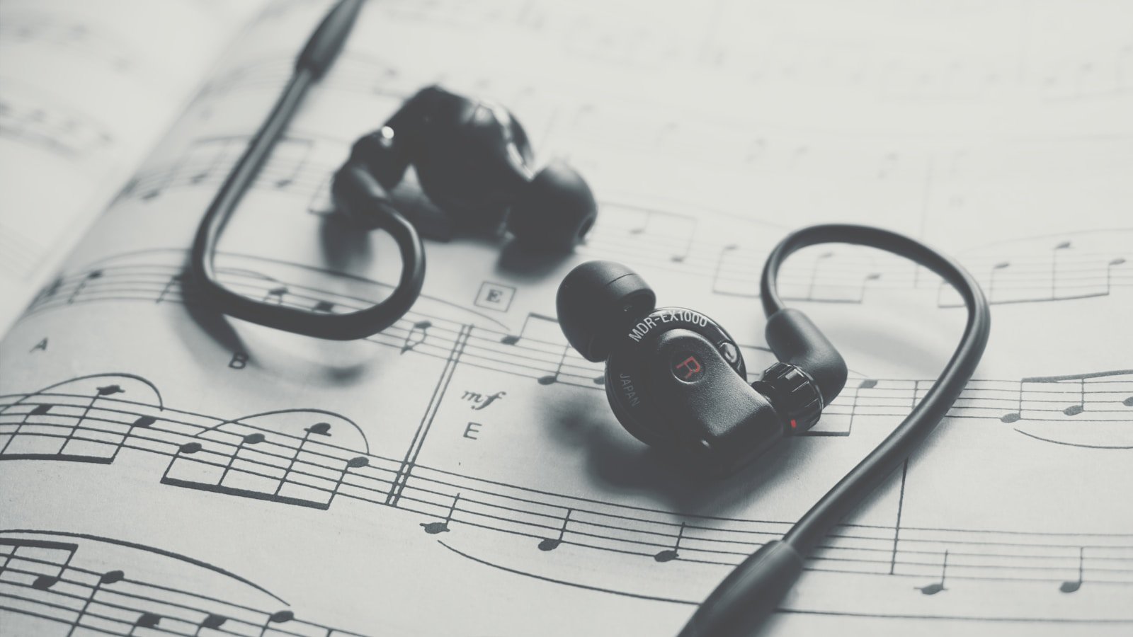 black earbuds on white paper