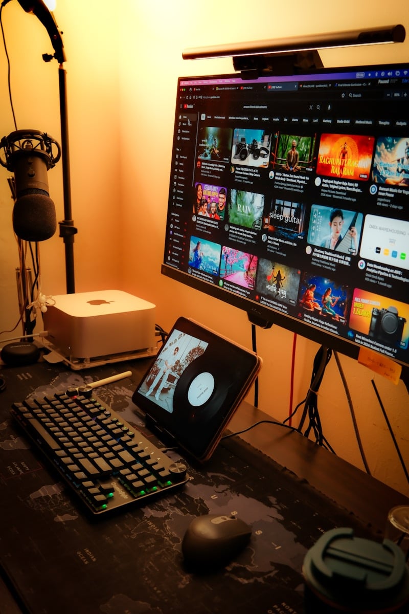 HD Streamz – The Ultimate Free Live TV & Radio Streaming App 16 a computer desk with a monitor, keyboard and mouse