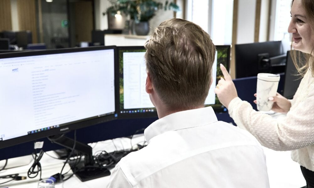 Two colleagues collaborating at office computers