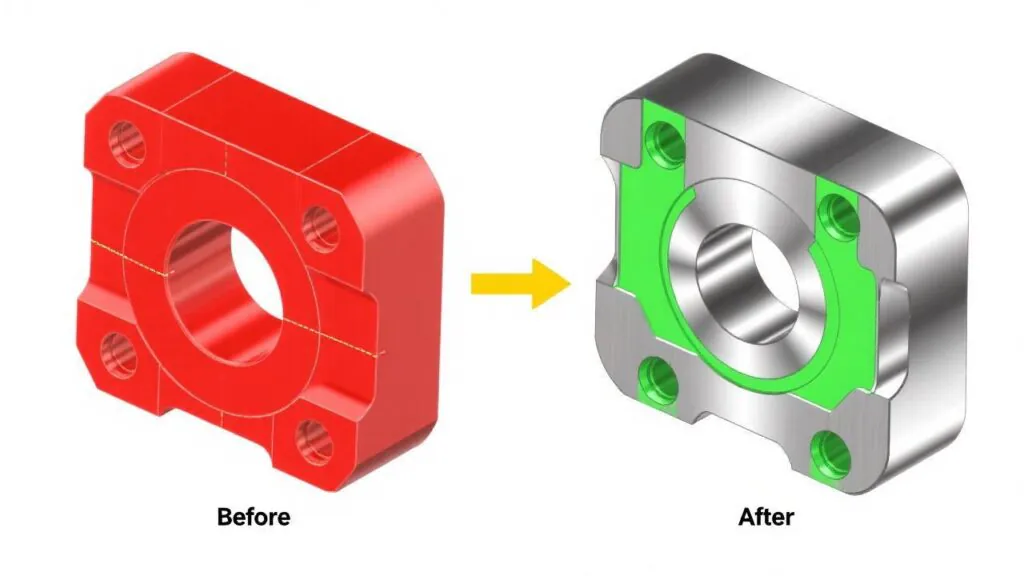 Design for Manufacturability (DFM) example comparing a part with overly tight tolerances vs. an optimized design for cost reduction.