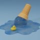 an ice cream cone with a rubber rubber duck floating on a puddle of blue water