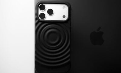 Black smartphone with textured case and apple logo.