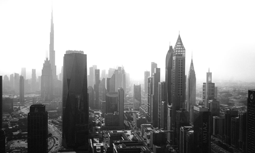 A black and white photo of a city