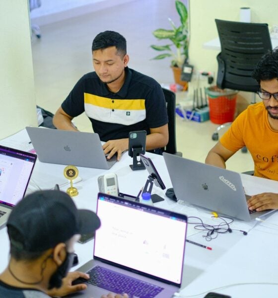 people sitting at the table using laptops