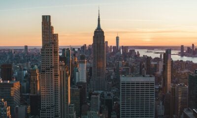 New york city skyline at sunset with empire state building.