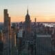 New york city skyline at sunset with empire state building.