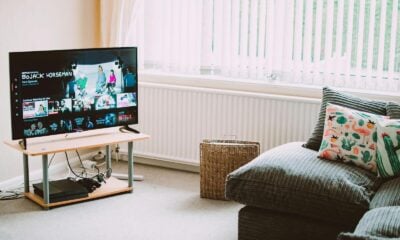 Chic and comfortable living room featuring a modern sofa, decorative pillows, and a TV streaming popular shows.