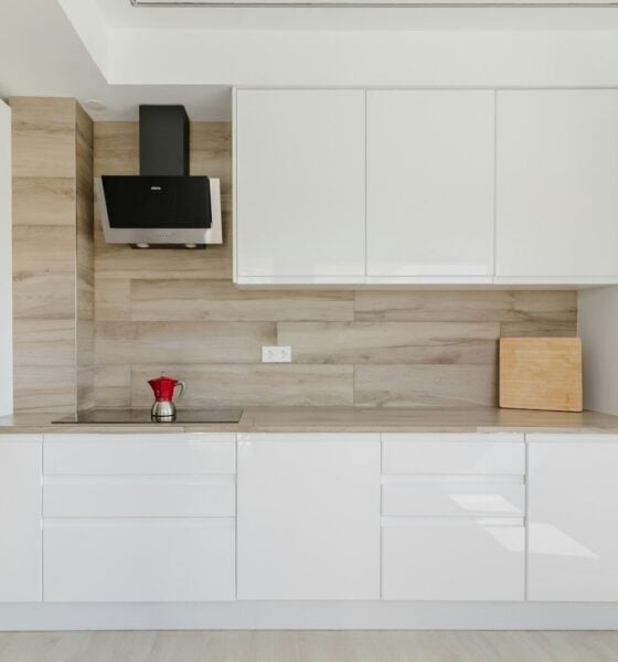 Modern white kitchen with wooden accent wall