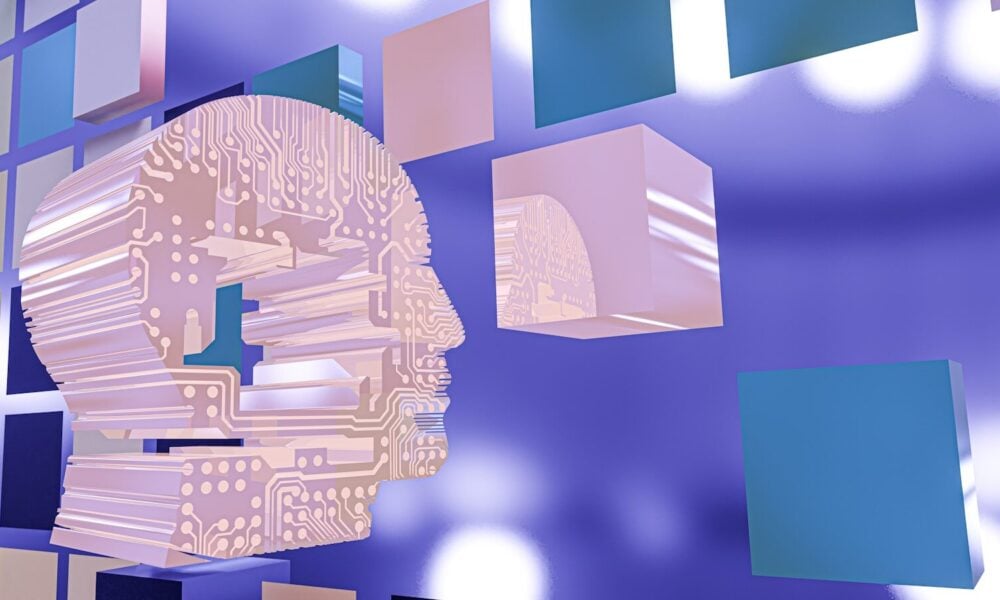 a person's head with a circuit board in the background