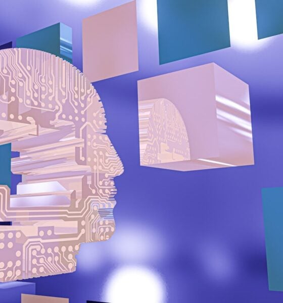a person's head with a circuit board in the background