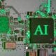 Glowing ai chip on a circuit board.
