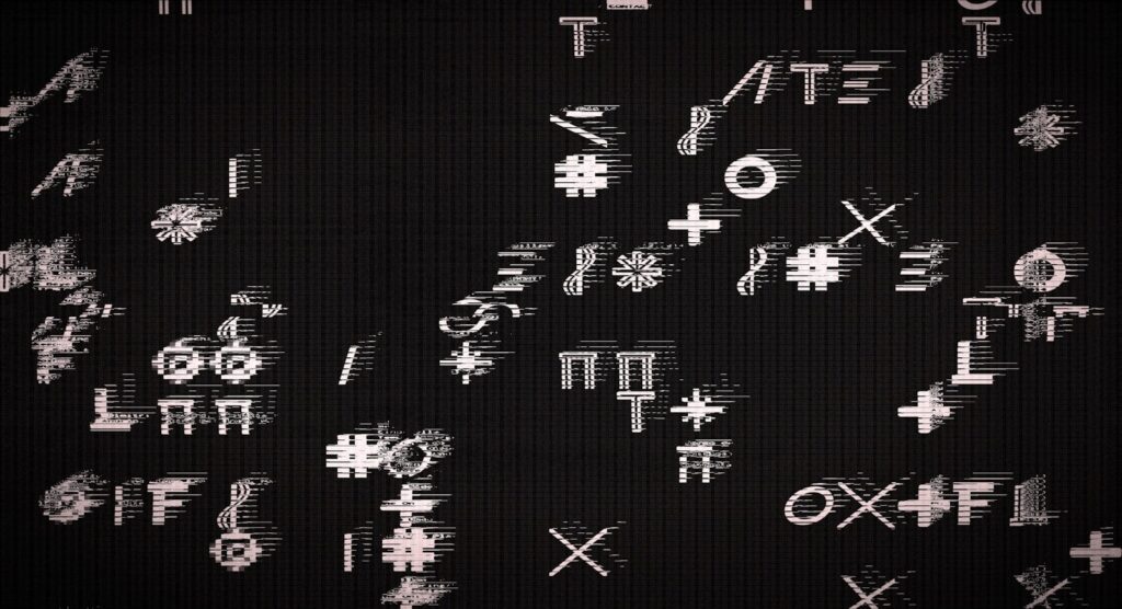 Scattered 3D symbols and characters on black background