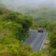 A car driving down a road surrounded by trees