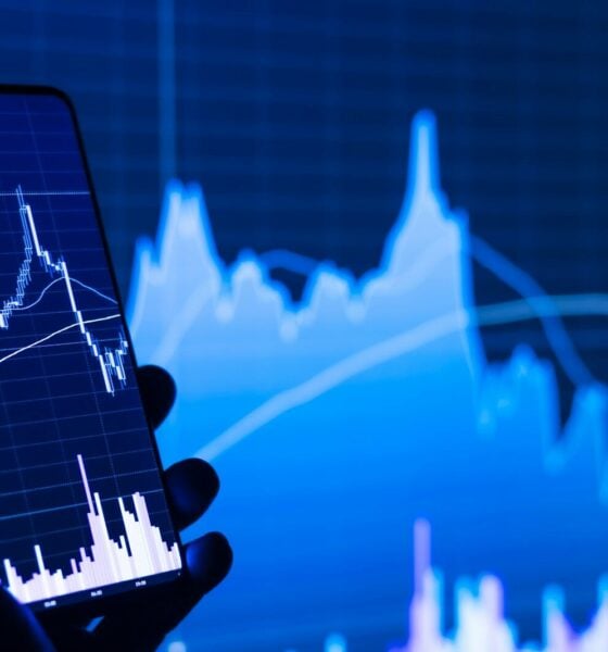a person holding a cell phone in front of a stock chart