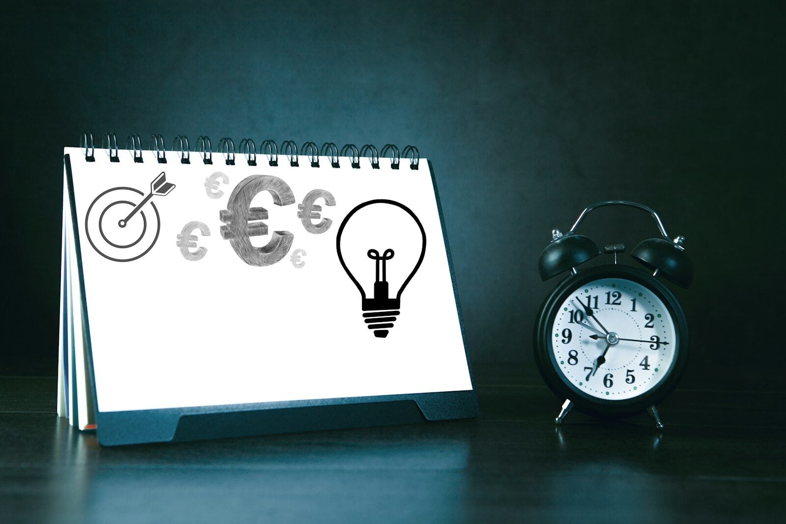 Desk calendar with business symbols and alarm clock