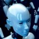A group of glossy white humanoid robots against a dark blue background