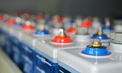 Rows of batteries with red and blue terminals