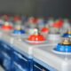 Rows of batteries with red and blue terminals