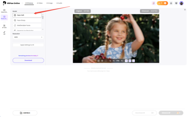 How to Improve Image Quality to 1080p Online Without Watermarks 29 choose AI enhancement tool in HitPaw Online Photo Enhancer