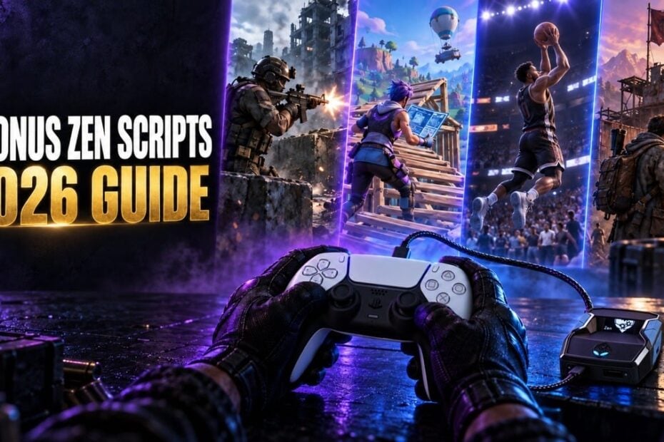 Cronus Zen scripts 2026 guide with a PS5 controller and Cronus Zen 