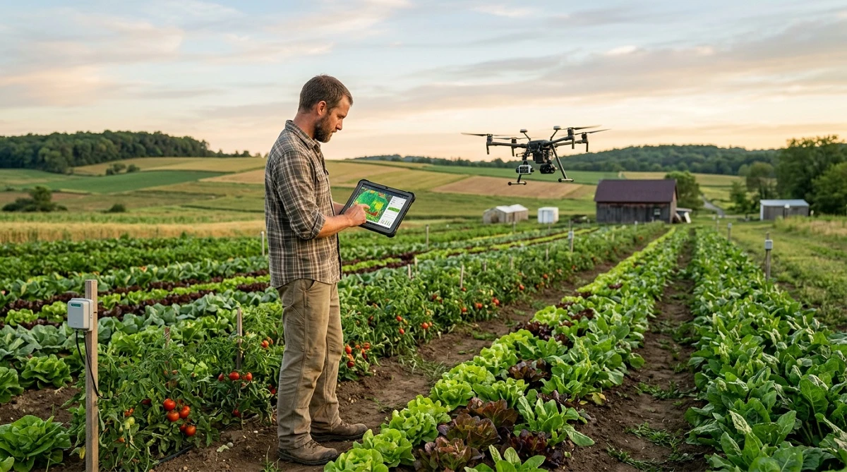 man in farm with tablet