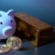 Piggy bank, gold, bitcoin, and money for investment