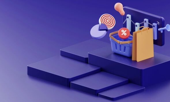 a purple background with a basket of items and a target